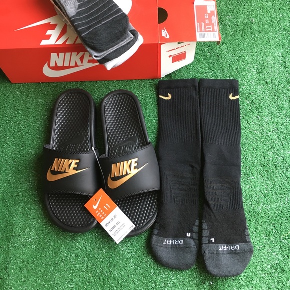 Nike Other - NEW NIKE BENASSI JDI SLIDE SIZE 11 BLACK / GOLD WITH 3 PAIR SOCKS LARGE